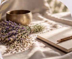 Cuaderno y elementos de meditación sobre una mesa luminosa